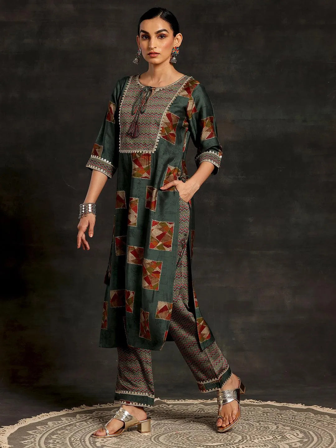 Green Printed Silk Blend Straight Suit With Dupatta - Libas 