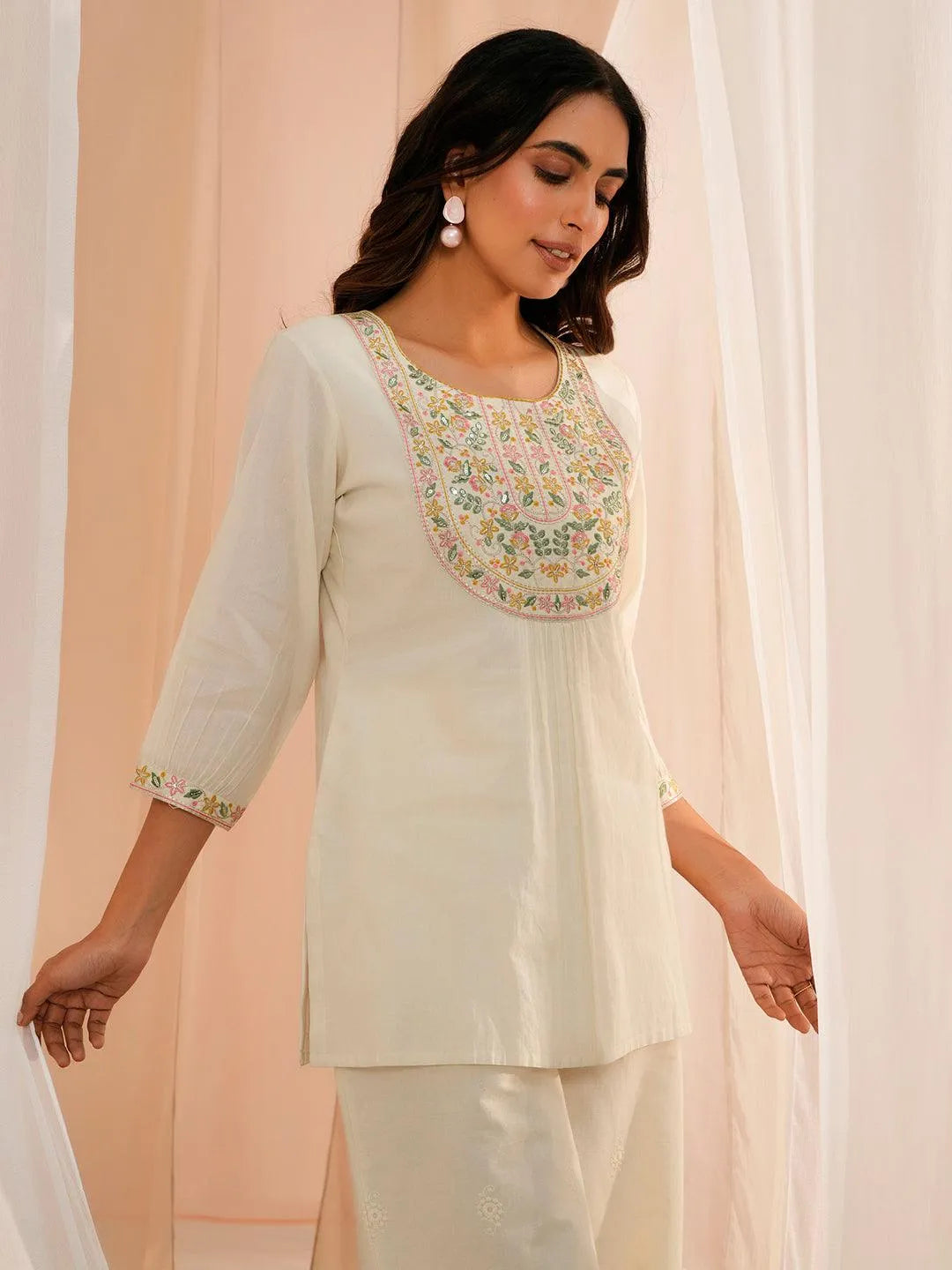 Off White Yoke Design Cotton Straight Kurti - Libas 