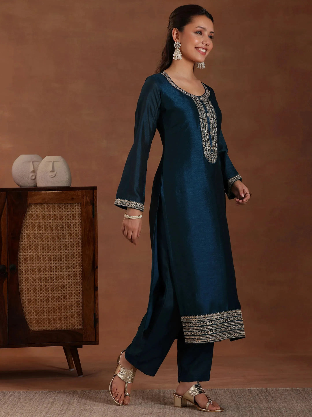  Teal Embroidered Silk Blend Straight Suit With Dupatta 