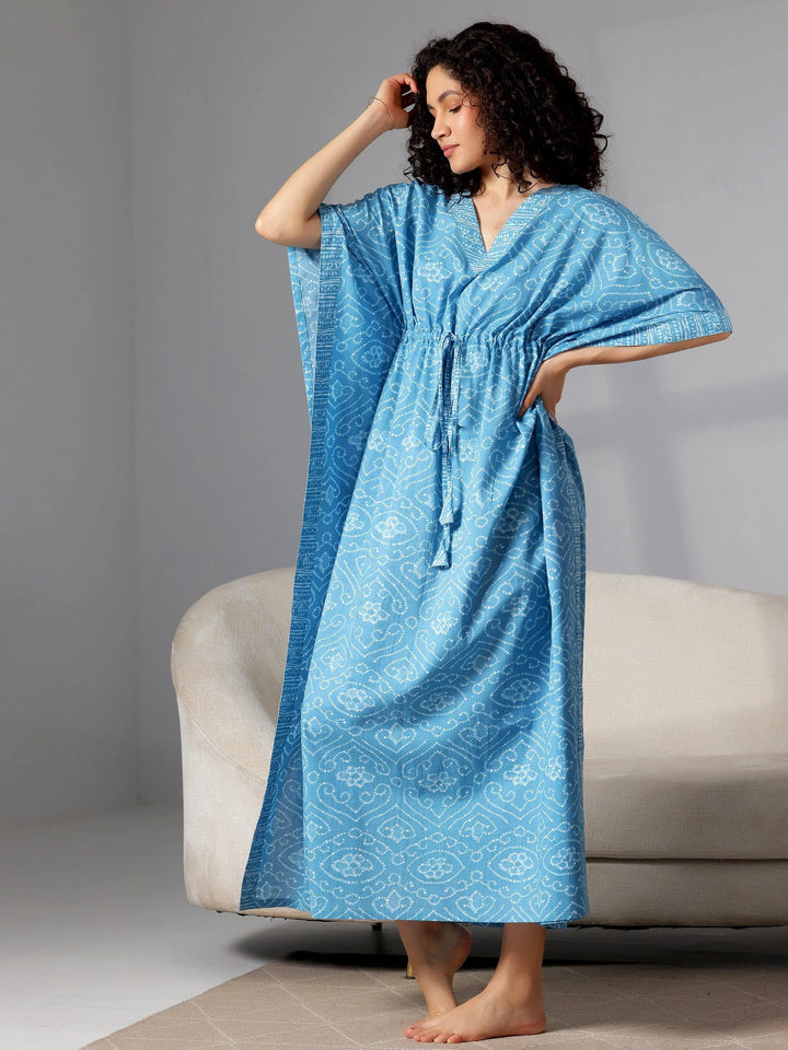 Blue Printed Cotton Kaftan Night Dress - Libas