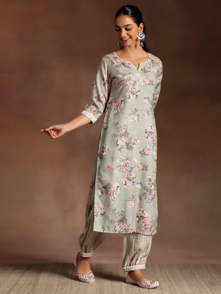 Green Printed Cotton Straight Suit With Dupatta - Libas