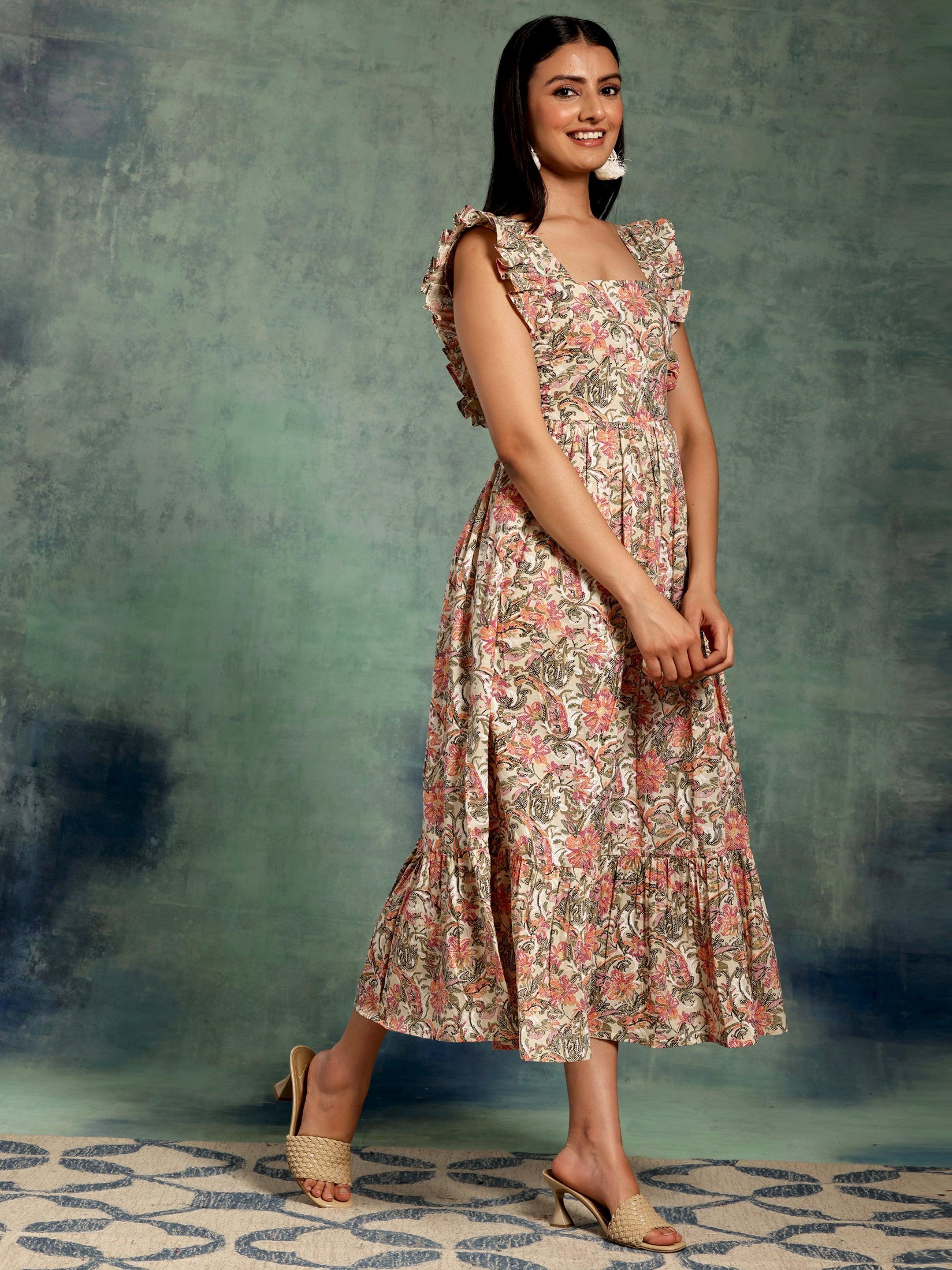 Multicoloured Printed Cotton Fit and Flare Dress