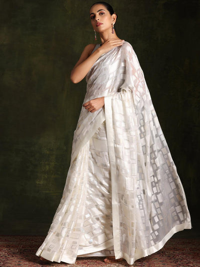 Off White Woven Design Brasso Saree With Unstitched Blouse Piece - Libas