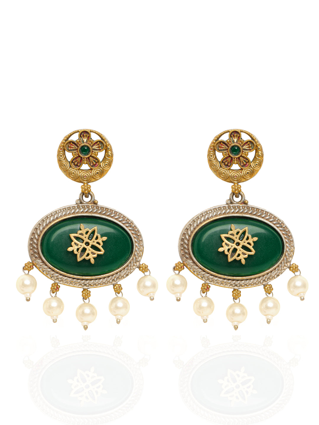  Libas Green Stone Statement Pearl Drop Earrings 