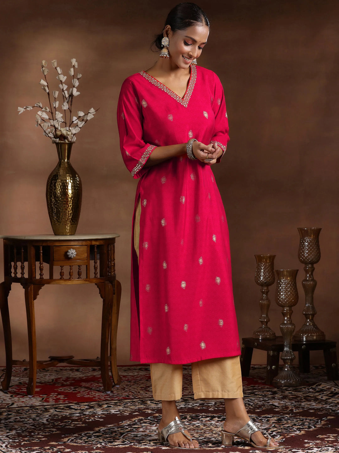  Red Printed Silk Straight Kurta 