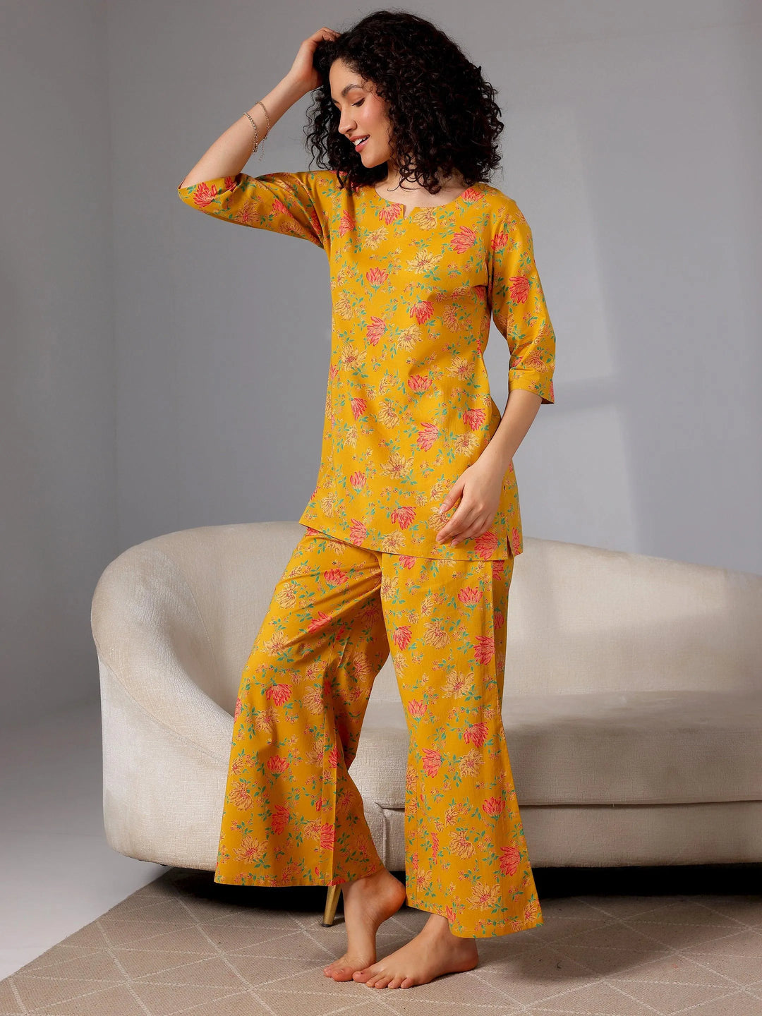 Mustard Printed Cotton Night Suits - Libas 
