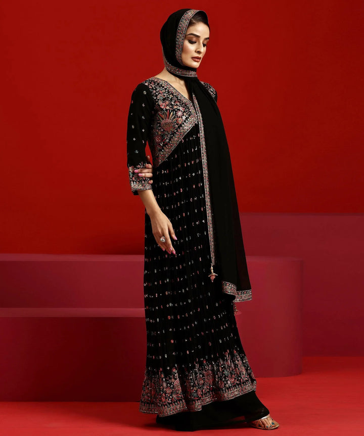 Libas Art Black Embroidered Georgette A-Line Kurta With Palazzos & Dupatta - Libas