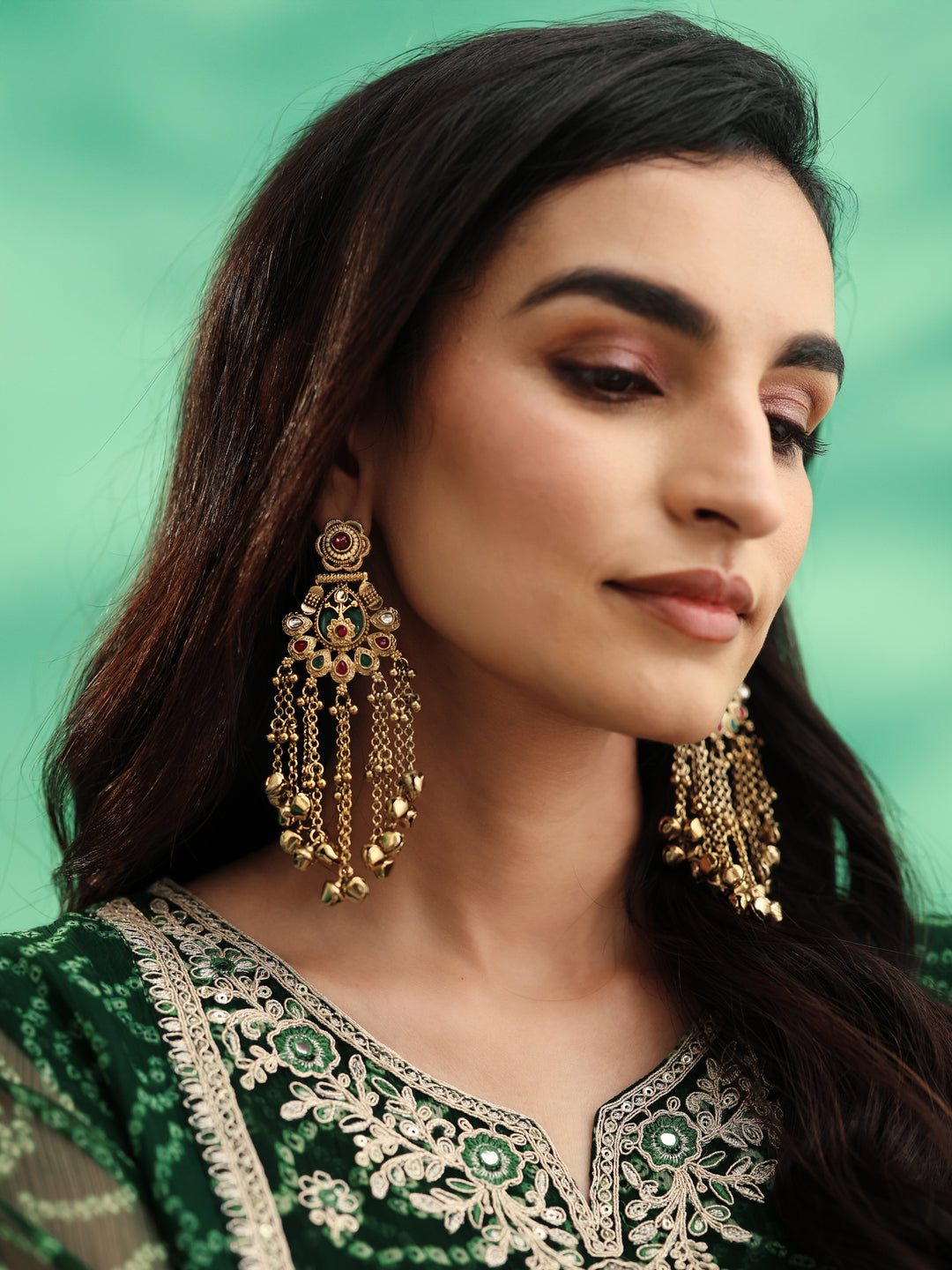  Libas Multicolour Stone-Studded Dangling Earrings with Ghungroo Drops  