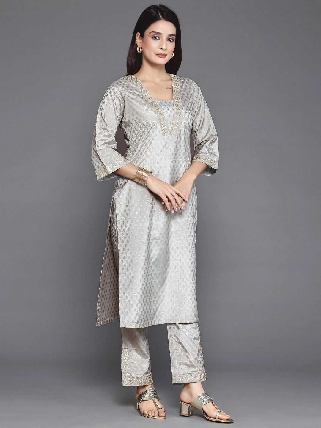 Grey Printed Silk Blend Straight Kurta Set - Libas 