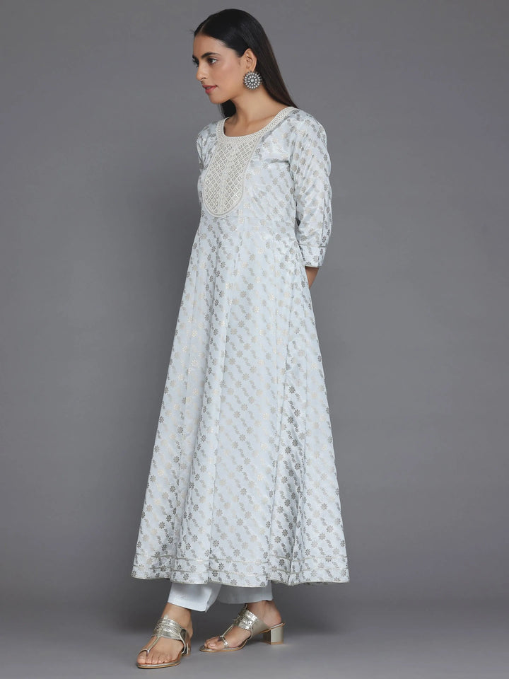 Grey Printed Silk Blend A-Line Kurta With Trousers - Libas