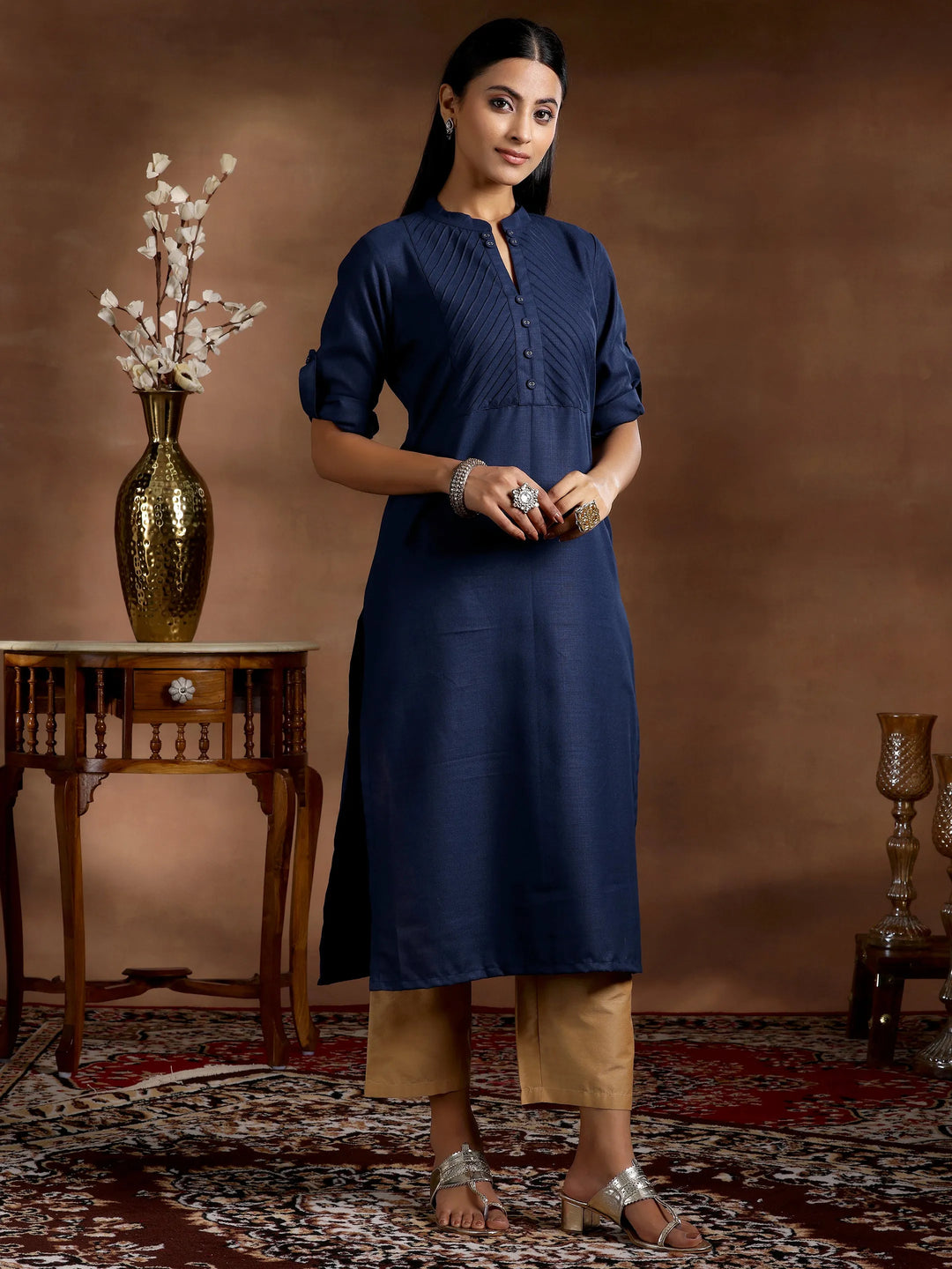  Blue Solid Cotton Blend Straight Kurta 