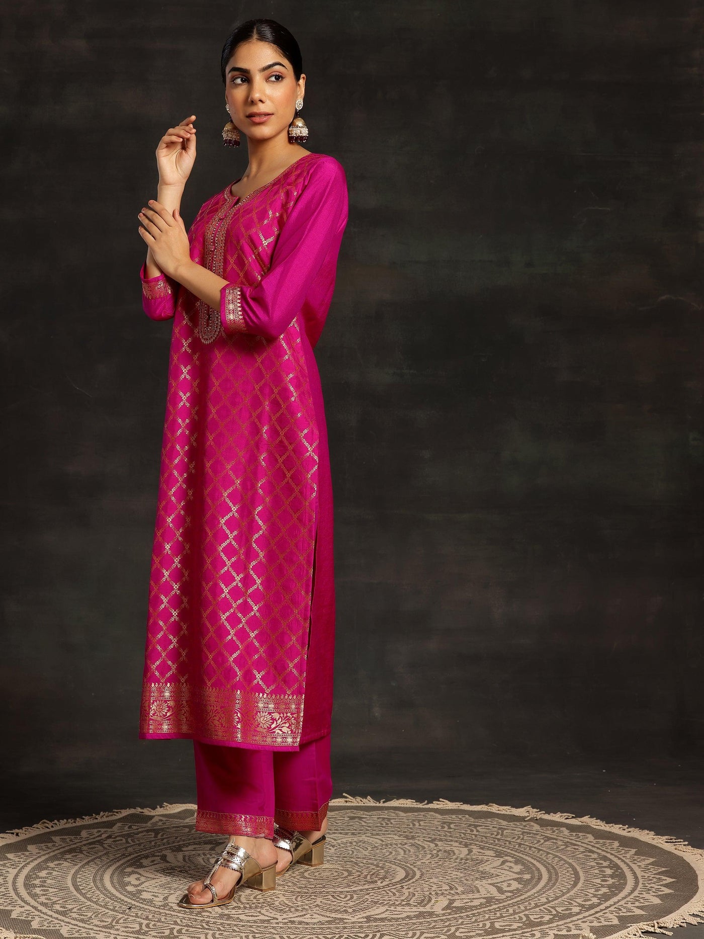 Pink Woven Design Silk Blend Straight Suit With Dupatta - Libas