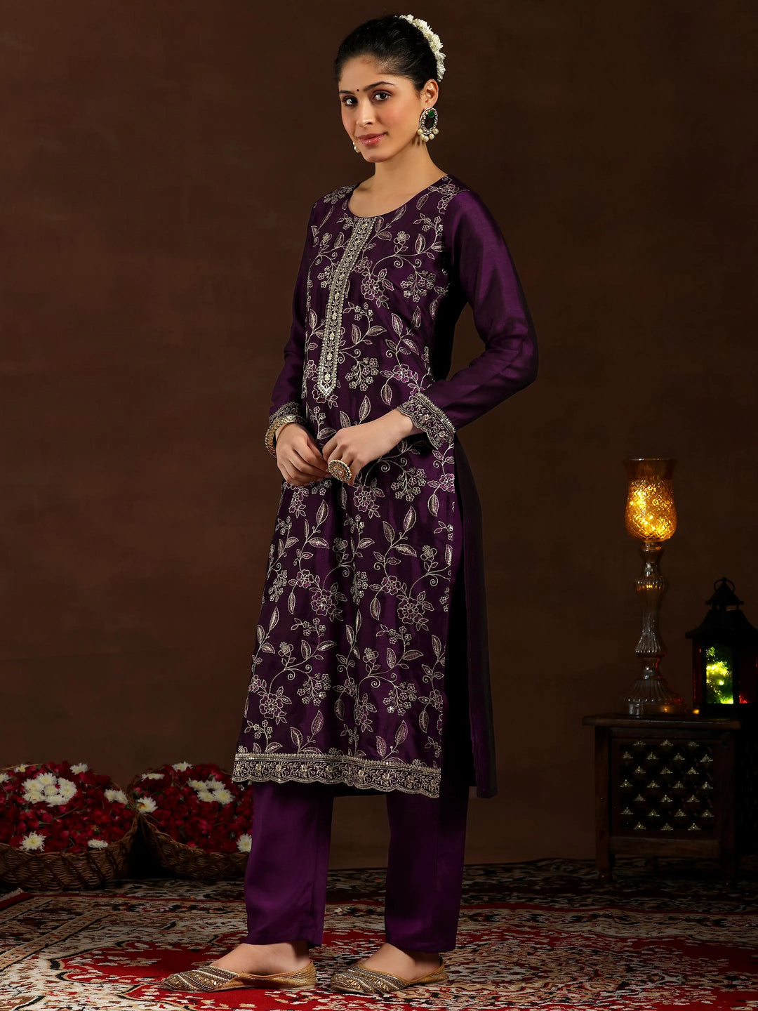  Wine Embroidered Silk Blend Straight Suit With Dupatta 