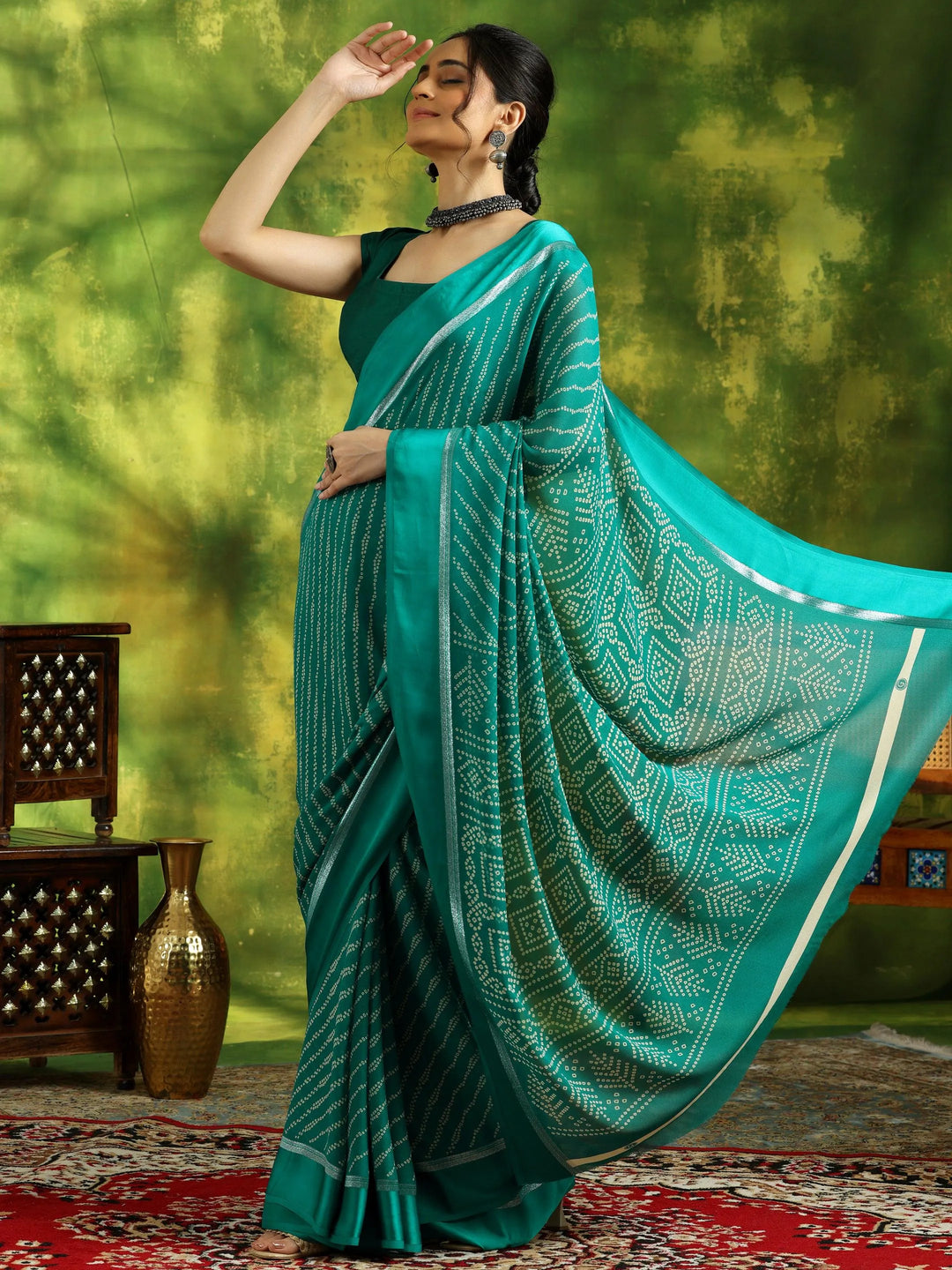 Green Printed Satin Saree With Unstitched Blouse Piece - Libas 