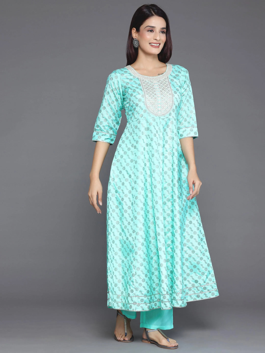 Blue Printed Silk Blend A-Line Kurta With Palazzos - Libas 