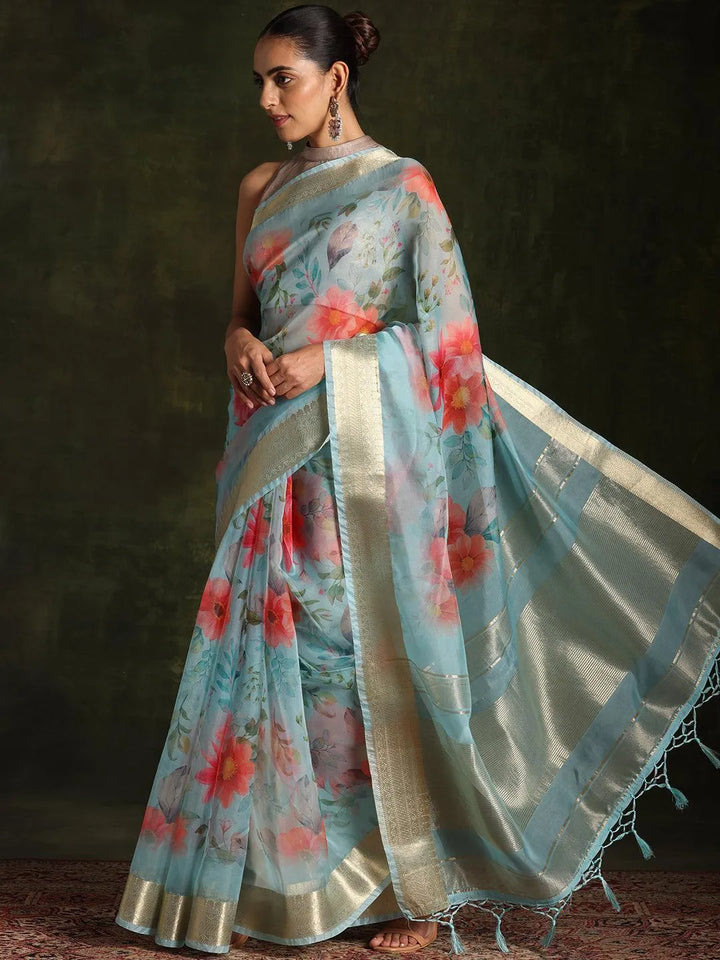 Turquoise Printed Silk Blend Saree With Unstitched Blouse Piece - Libas
