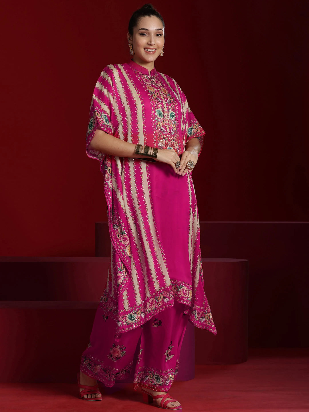  Libas Art Pink Printed Silk Blend Kaftan Kurta With Palazzo 