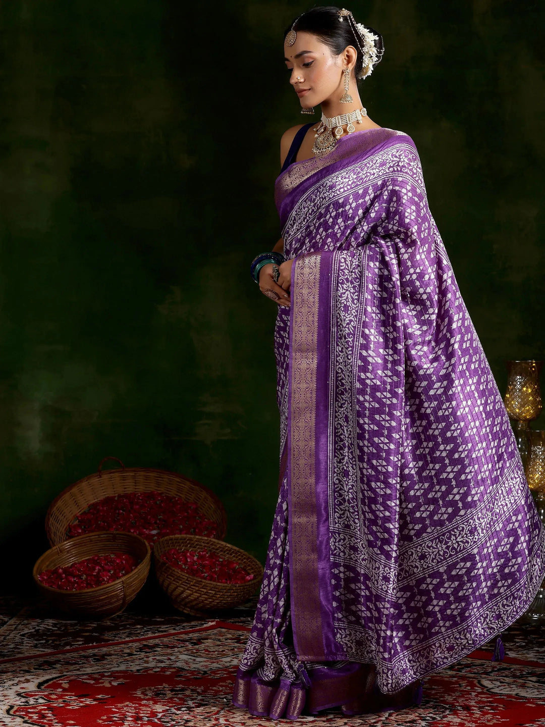  Purple Printed Silk Blend Saree With Unstitched Blouse Piece 