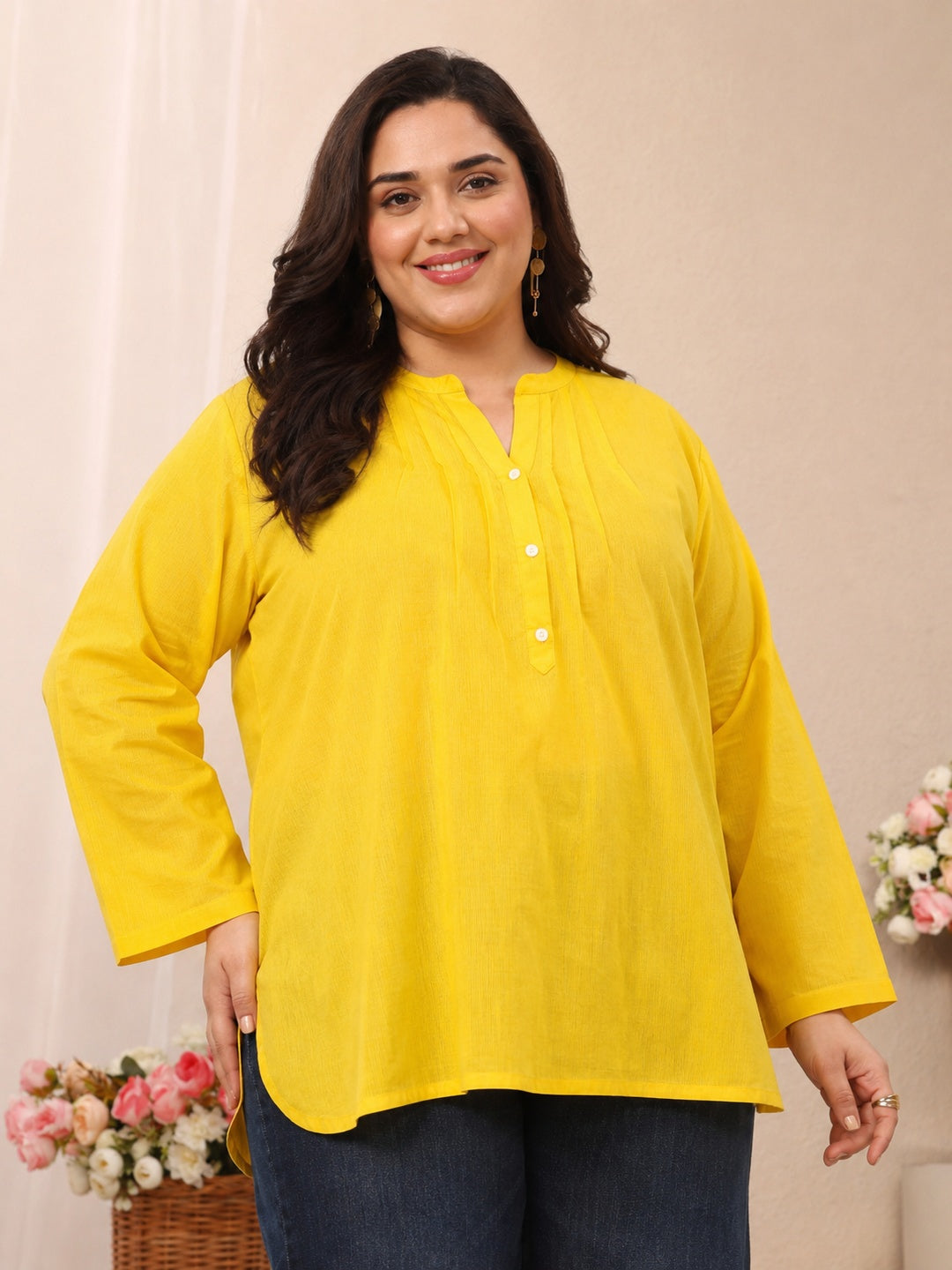  Plus Size Yellow Solid Cotton Blend Straight Short Kurti 