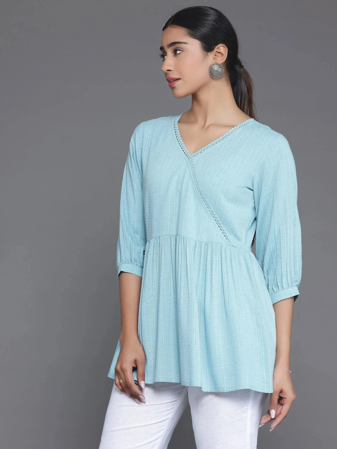 Blue Woven Design Cotton Blend A-Line Kurti 