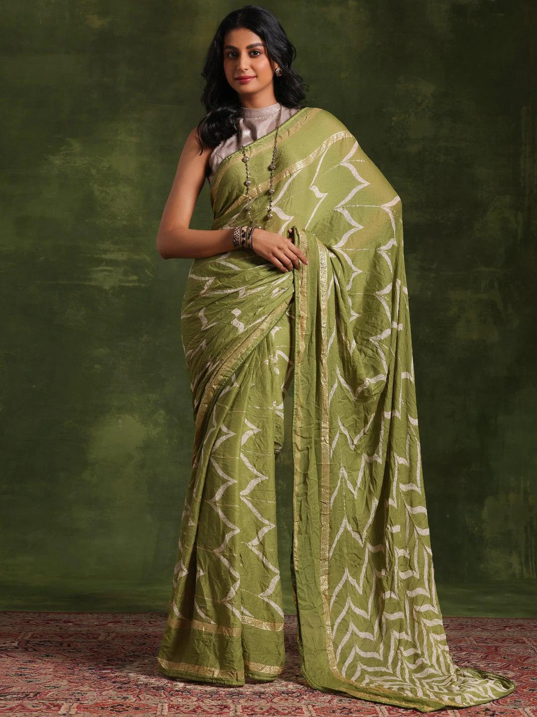 Green Printed Poly Georgette Saree With Unstitched Blouse Piece - Libas 