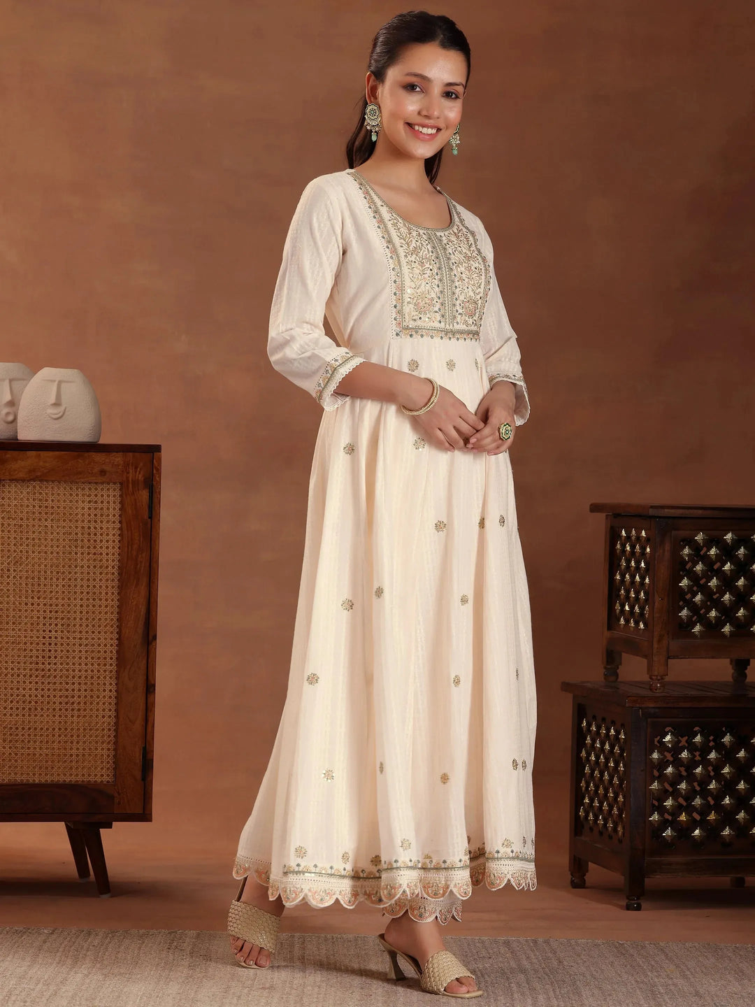  Peach Embroidered Pure Cotton A-line Kurta With Trouers & Dupatta 