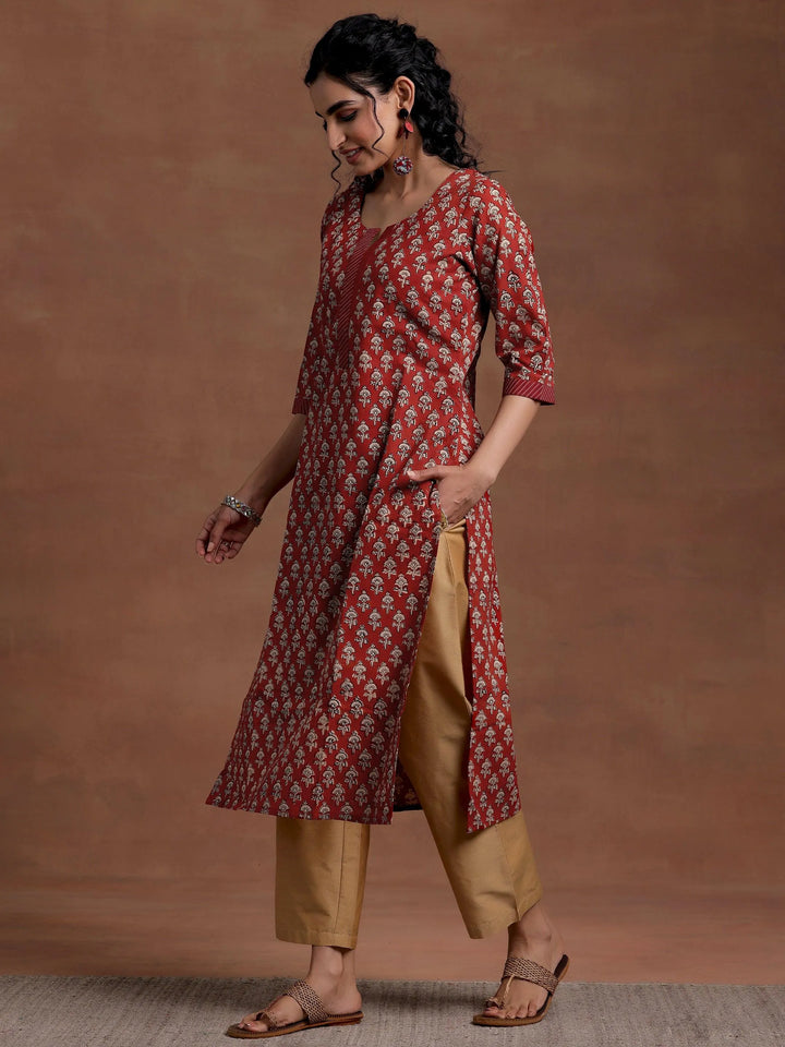 Maroon Printed Cotton Straight Kurta - Libas