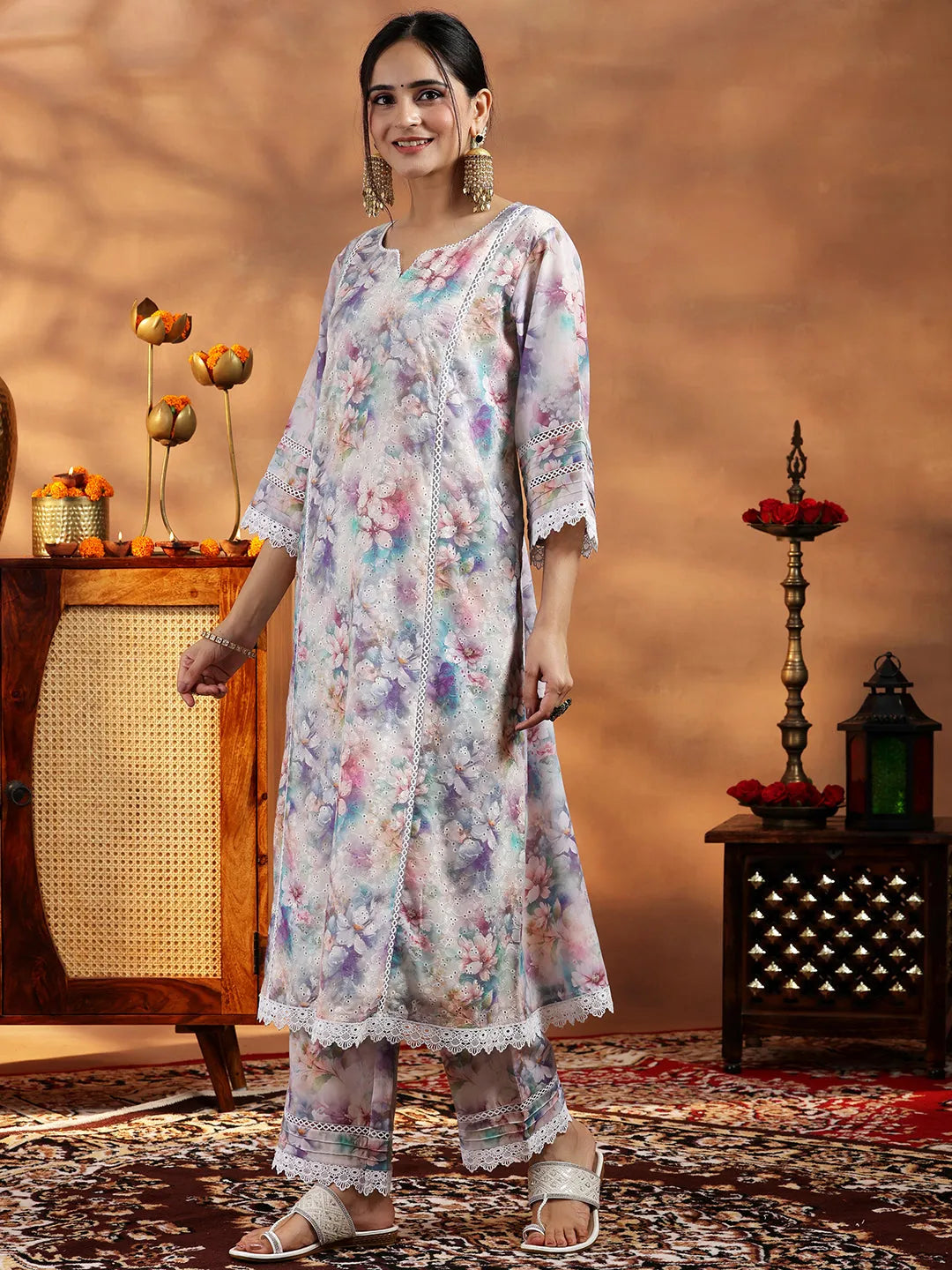  Multi Printed Cotton A-Line Kurta With Palazzos 