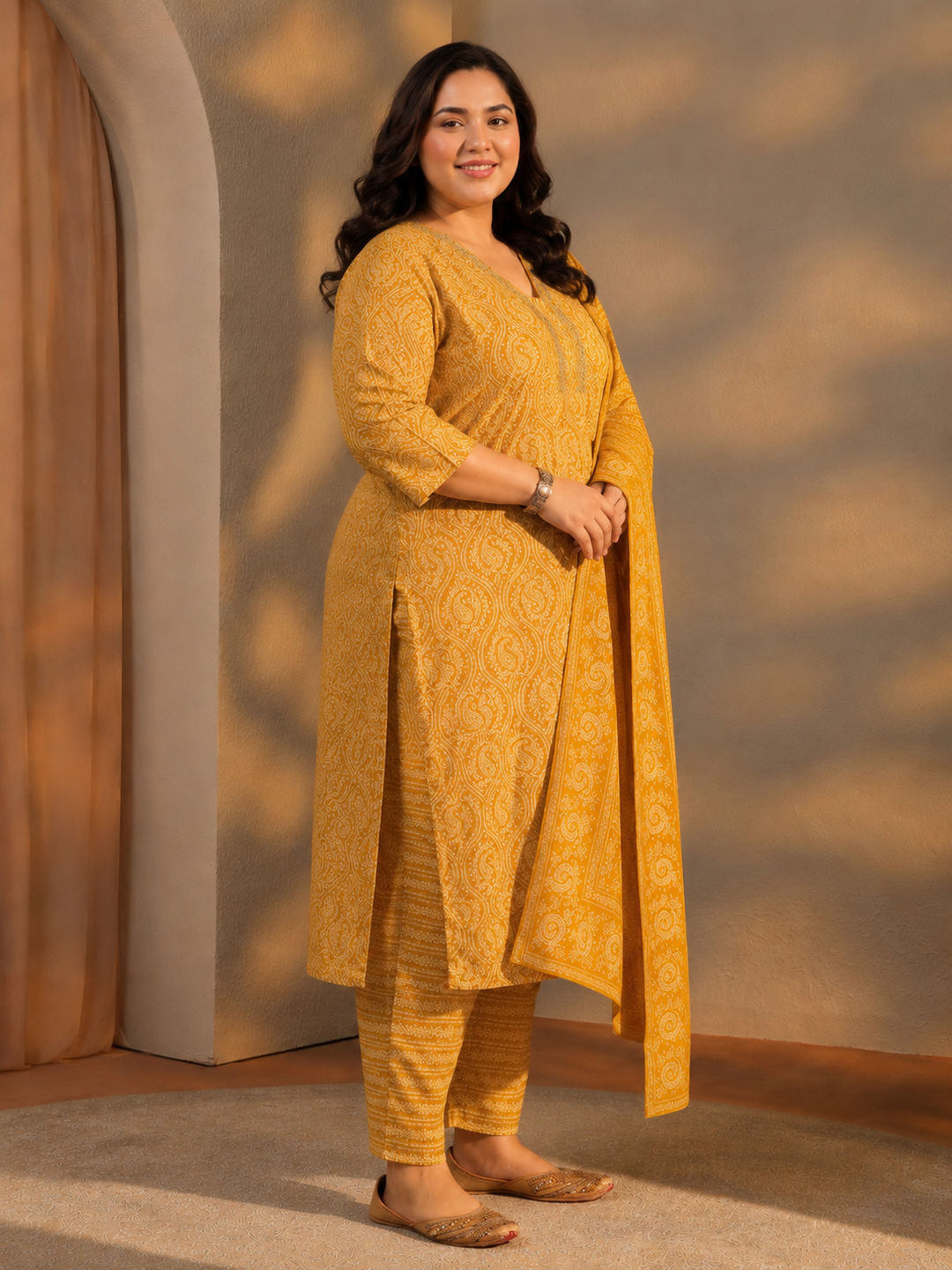  Plus Size Yellow Paisley Printed Cotton Straight Suit Set 