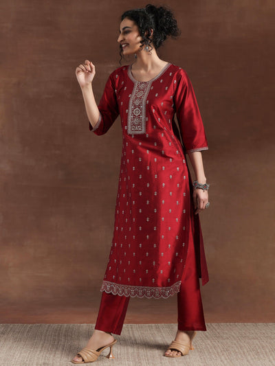 Red Embroidered Silk Blend Straight Suit With Dupatta - Libas