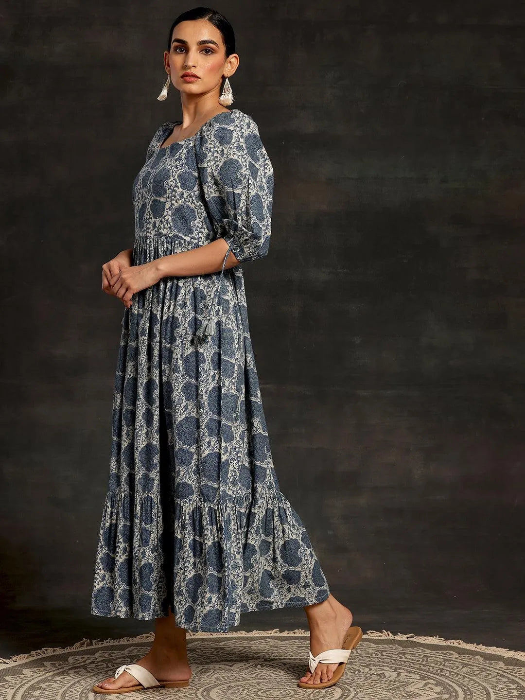Grey Printed Cotton Fit and Flare Dress - Libas 