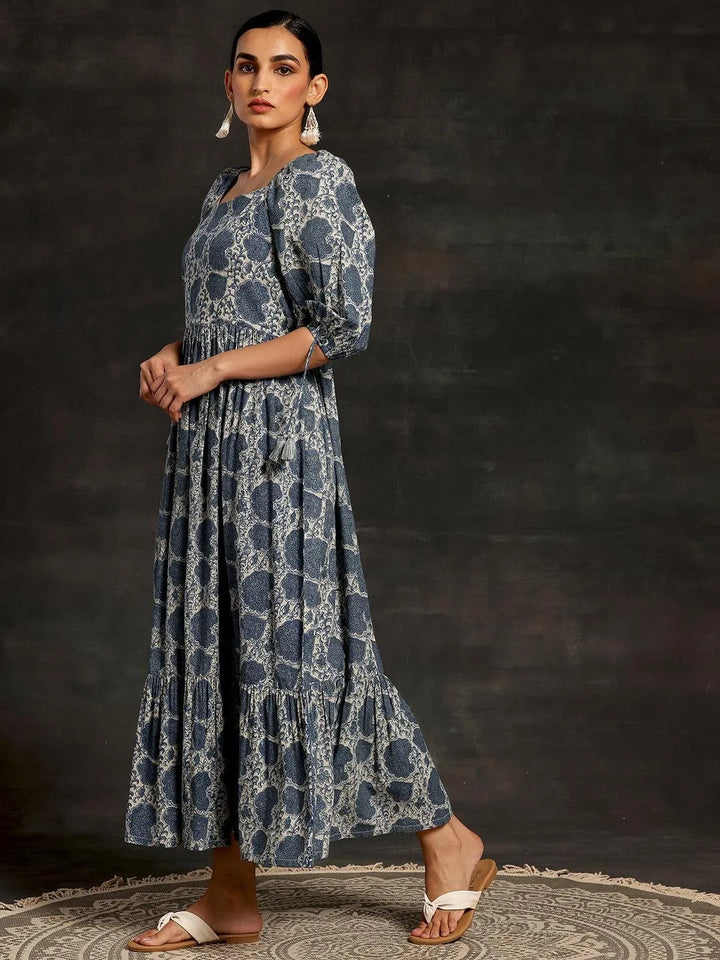 Grey Printed Cotton Fit and Flare Dress - Libas