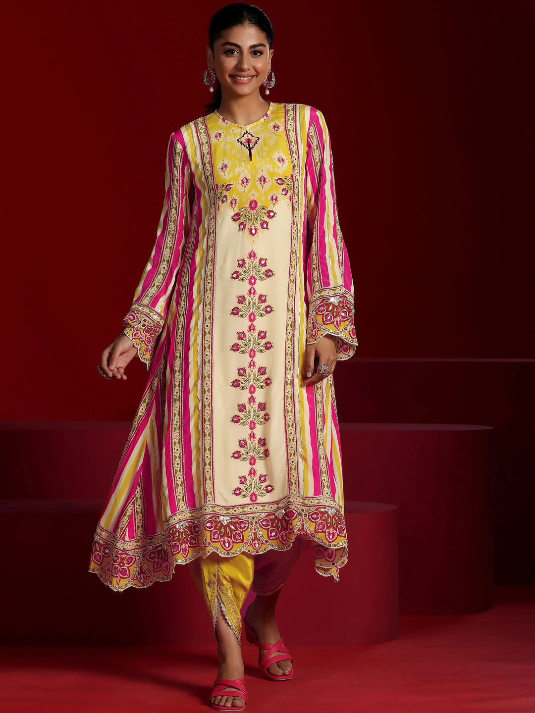  Libas Art Multi Printed Silk Crepe A-Line Kurta With Dhoti Pants 
