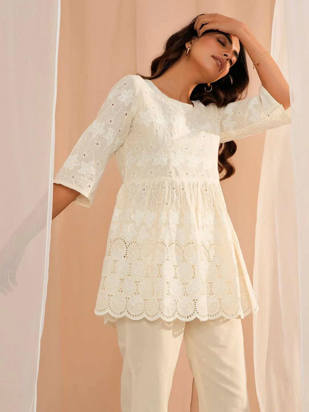 Zoya Off White Embroidered Cotton A-Line Kurti - Libas 