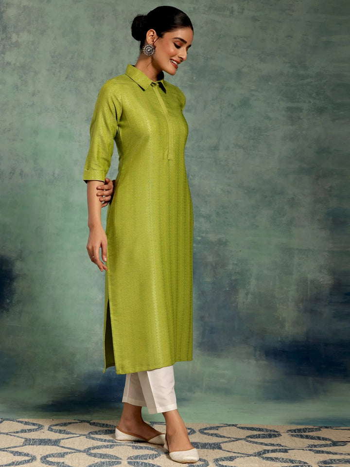 Green Woven Design Cotton Straight Kurta - Libas