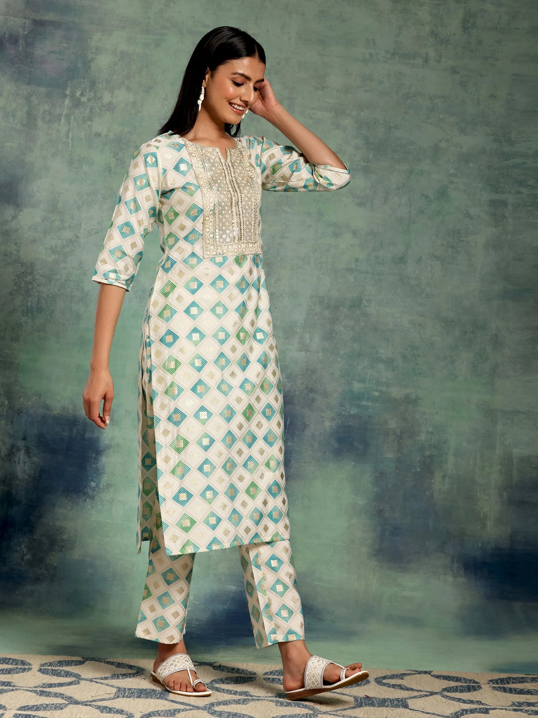 Off White Printed Silk Blend Straight Suit With Dupatta - Libas 