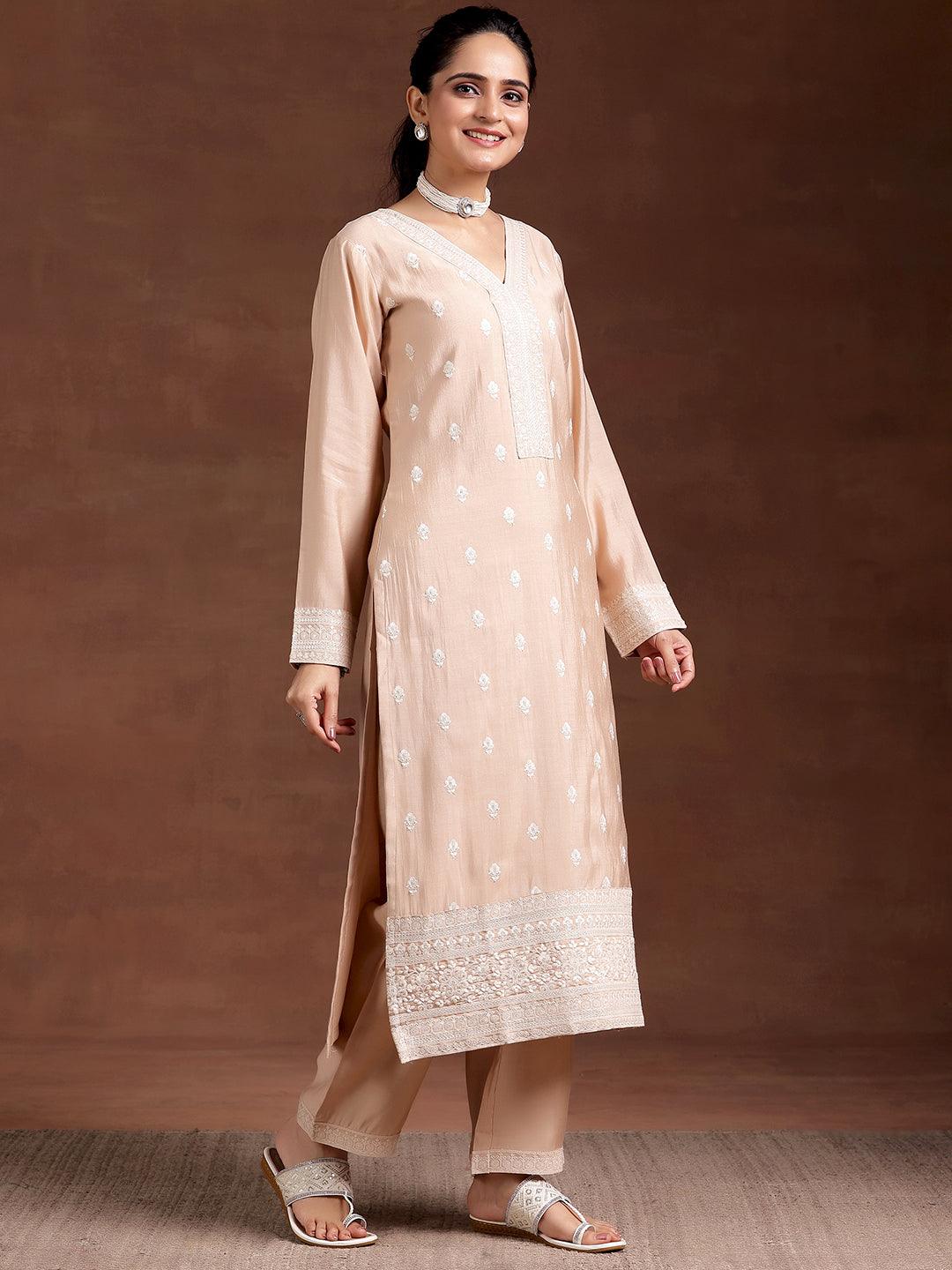 Beige Embroidered Silk Blend Straight Suit With Dupatta