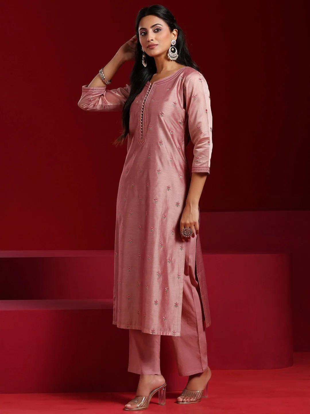  Libas Art Pink Embroidered Chanderi Silk Straight Suit With Dupatta 