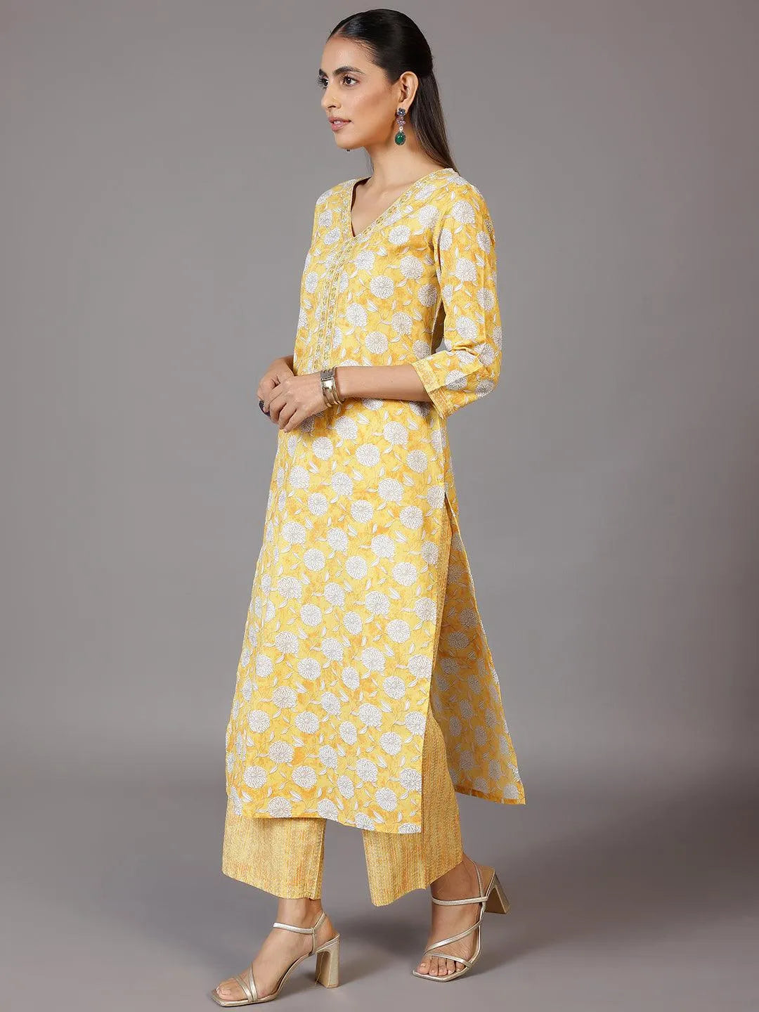  Yellow Printed Cotton Straight Suit With Dupatta 