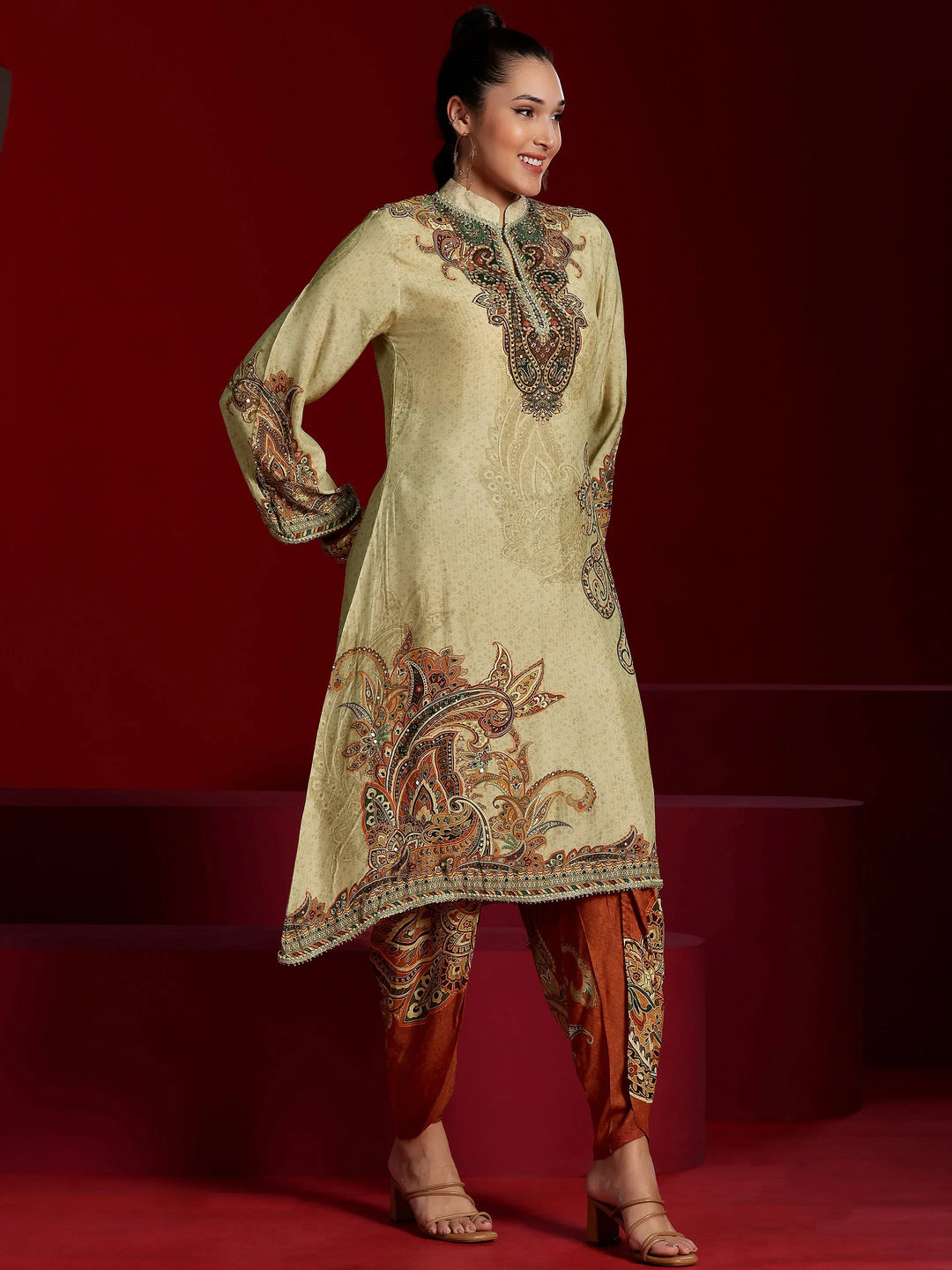  Libas Art Beige Printed Silk Blend Co-Ords 