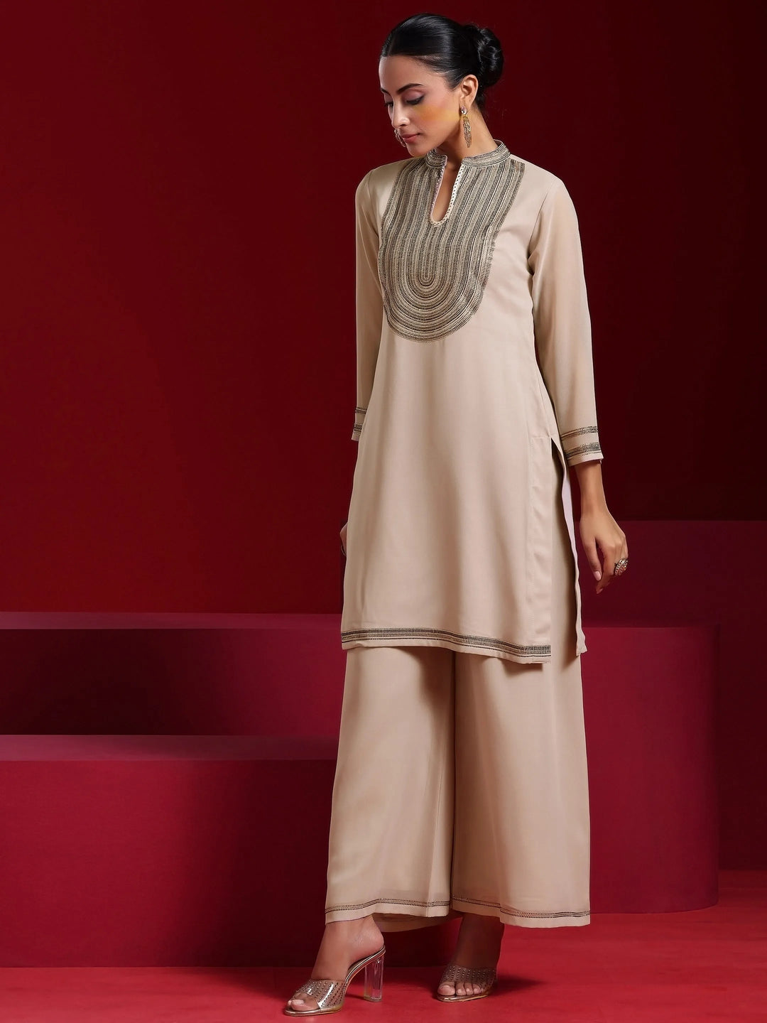  Libas Art Beige Yoke Design Georgette Straight Suit With Dupatta 