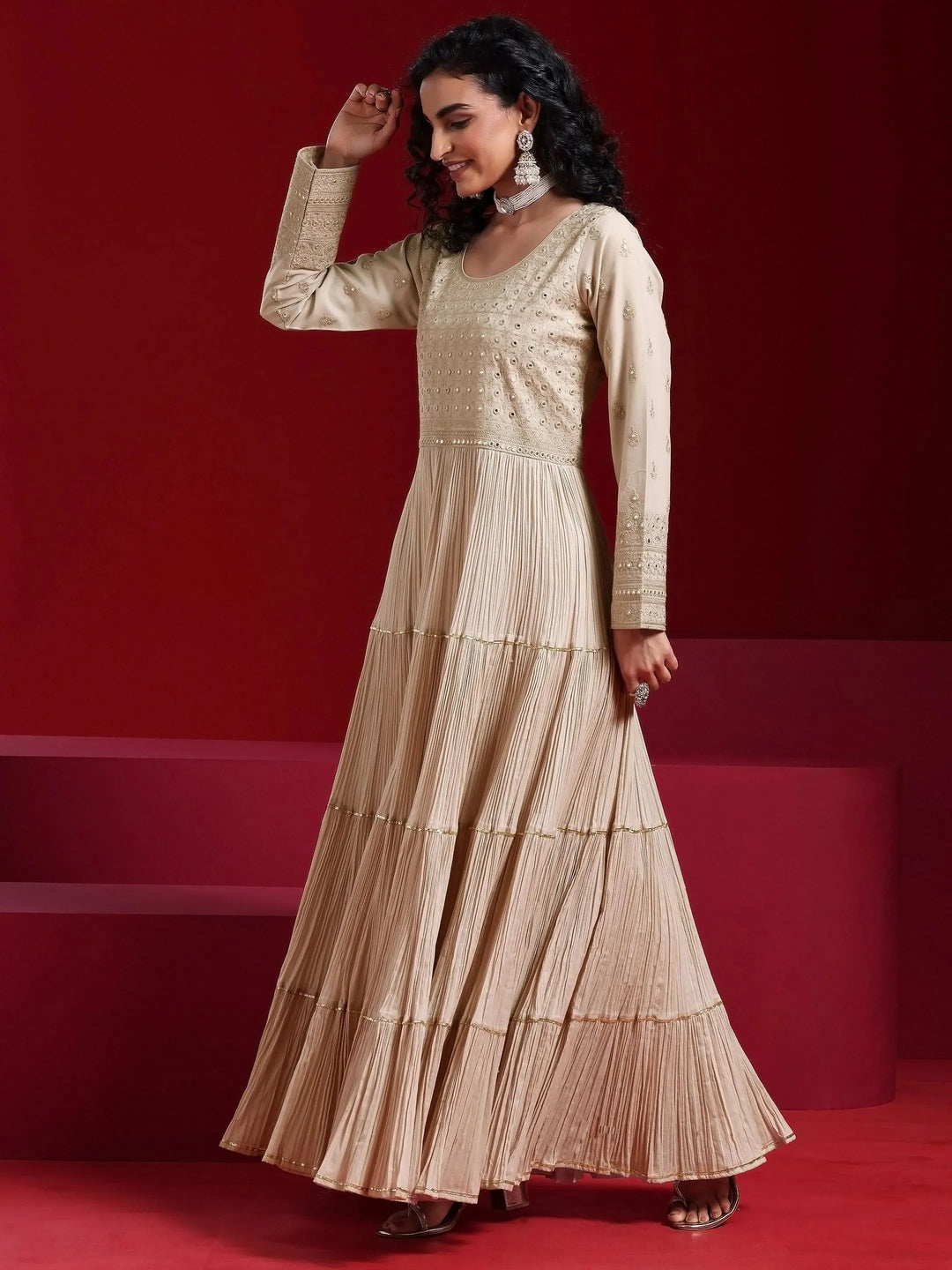  Libas Art Grey Embroidered Cotton Blend A-Line Kurta With Trousers & Dupatta 