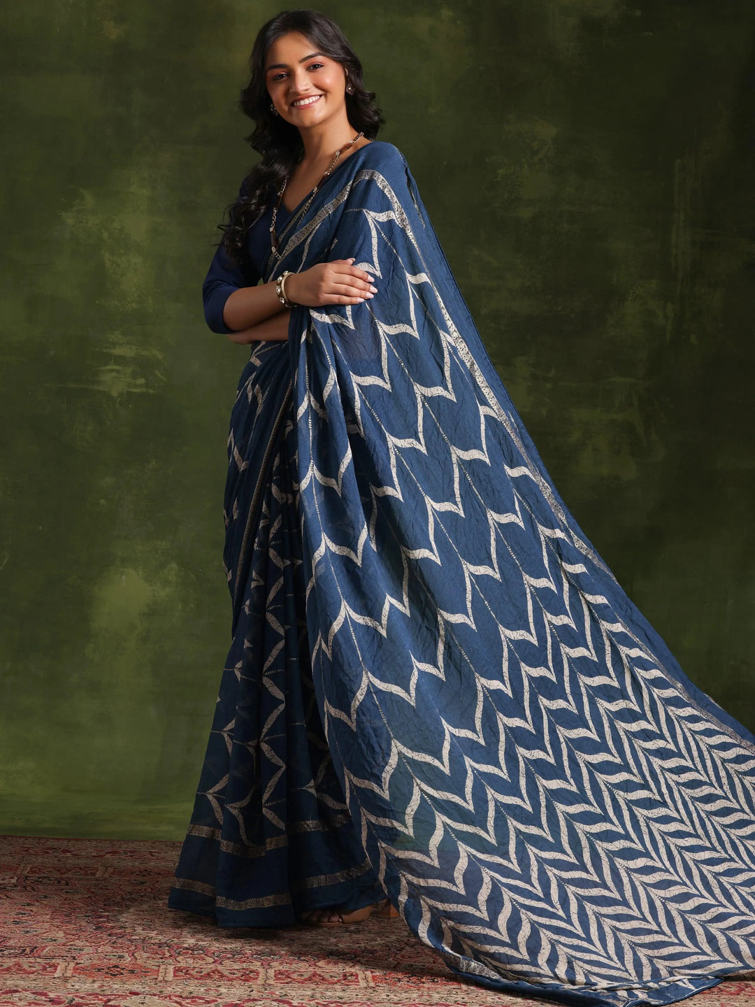 Blue Printed Poly Georgette Saree With Unstitched Blouse Piece - Libas 