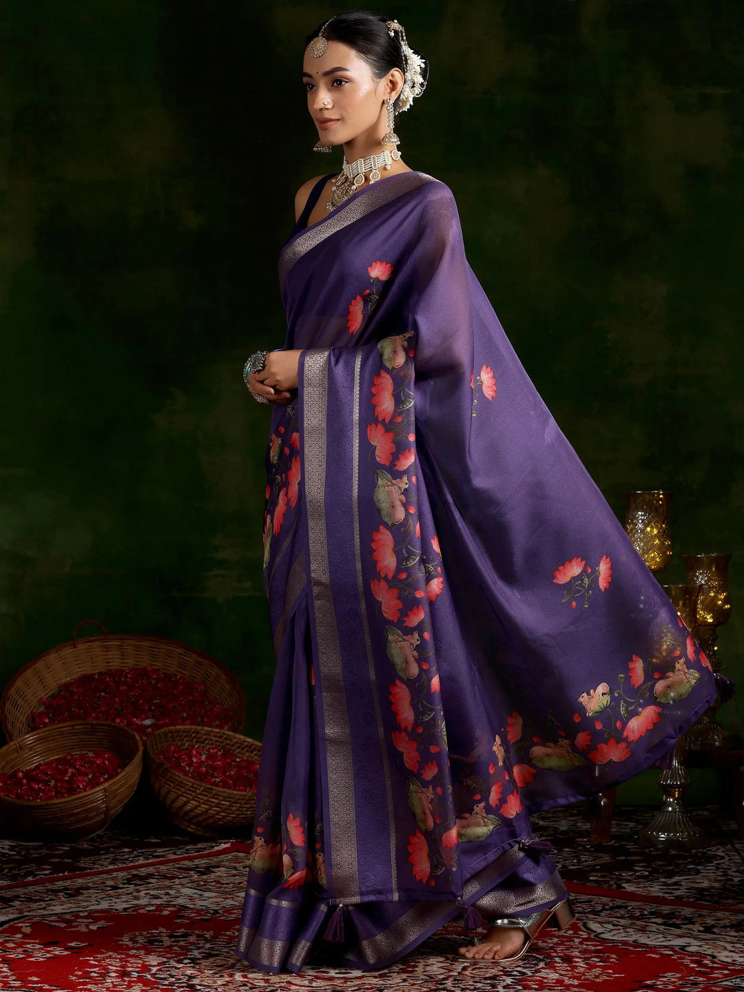 Purple Printed Silk Blend Saree With Unstitched Blouse Piece 