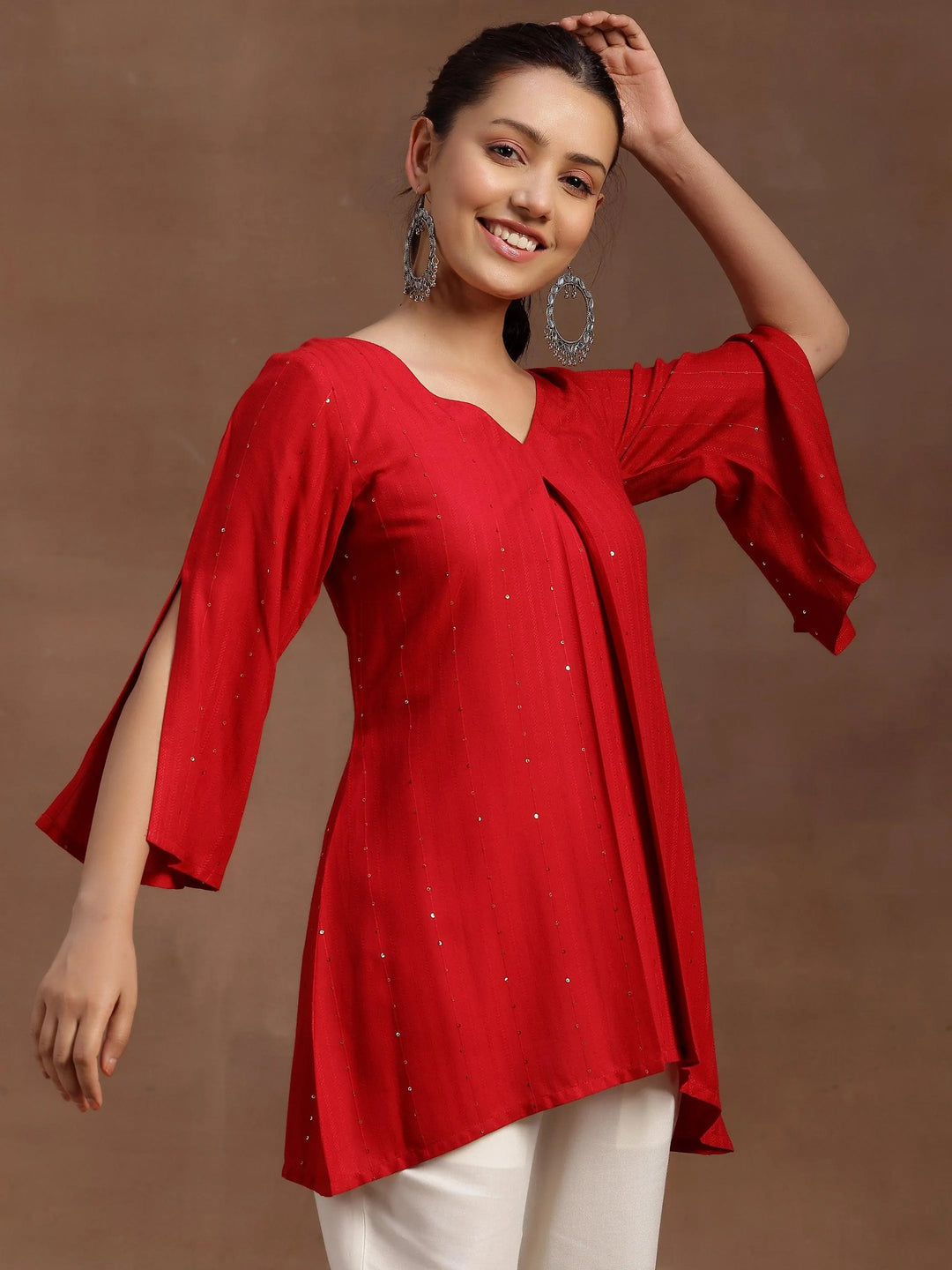  Red Solid Cotton Blend A-line Kurti 