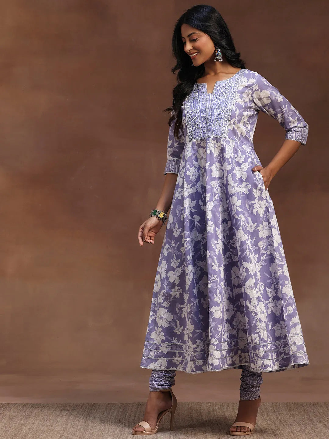  Lavender Printed Cotton Anarkali Suit With Dupatta 