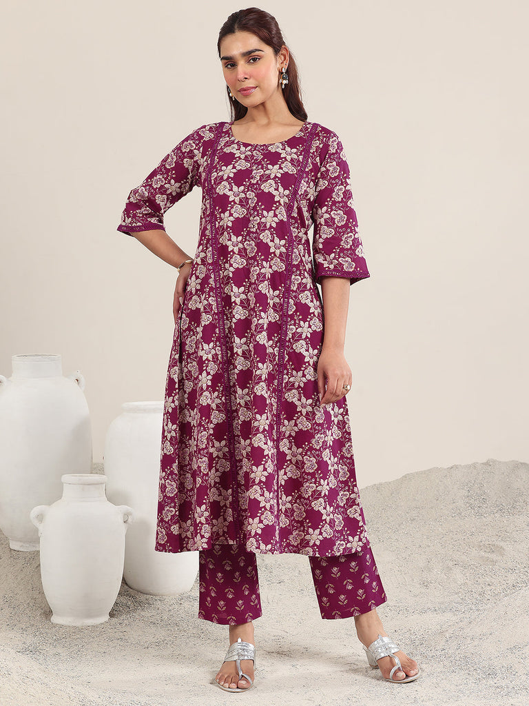 Libas Maroon Printed Cotton A-Line Kurta Set