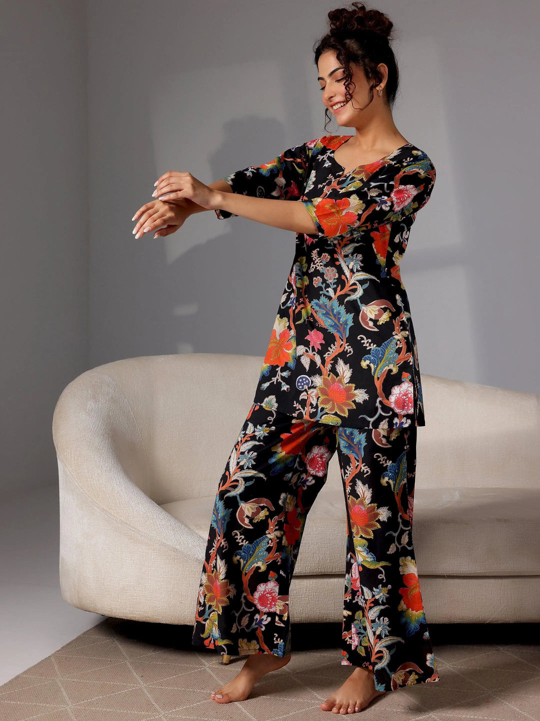 Black Printed Cotton Night Suits - Libas 