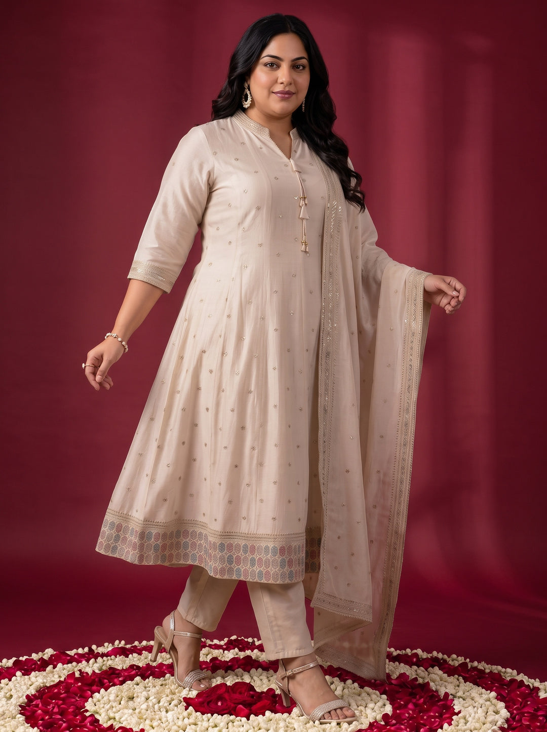  Plus Size Cream Ethnic Embroidered Silk Blend A-Line Suit Set 