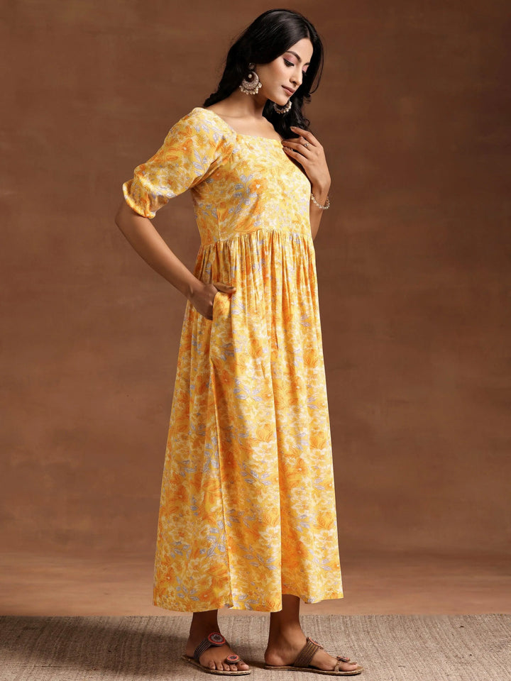 Yellow Printed Rayon Fit and Flare Dress - Libas